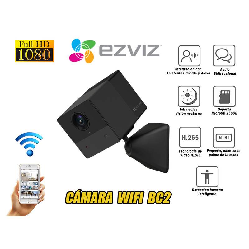 Camara de vigilancia wifi inalambrico EZVIZ BC2 IP mini cubo de bateria 50 dias full hd 2mp 1080 IR 5m parlante y microfono incorporado uso interior hogar - CS-BC2