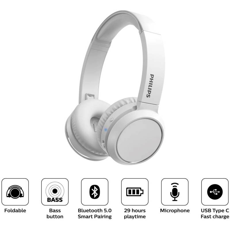 AUDIFONO INALAMBRICO C/MICROF. PHILIPS TAH4205WT BT 29H BASS BOOST PLEGABLE USB-C BLANCO