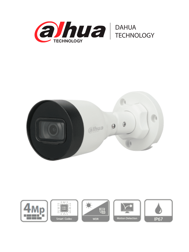 DAHUA IPC-HFW1431S1-A-S4 - CAMARA TUBO EXTERIOR IP | 4.0 MP | H.265+ | WDR | IR 30M | IP67 | PoE | MICROFONO INC.