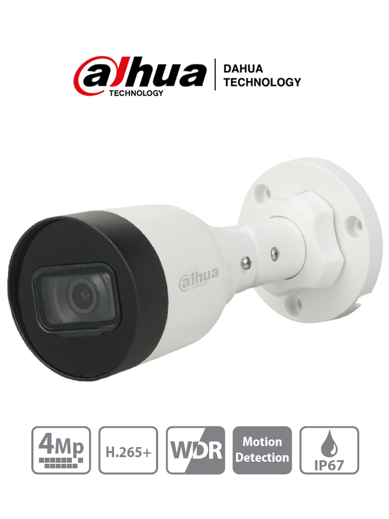 DAHUA IPC-HFW1431S1-S4 - CAMARA TUBO EXTERIOR IP | CMOS 1/2.7'' ICR | 4.0 MP | H.265+ | WDR | IR 30M | IP67 | PoE
