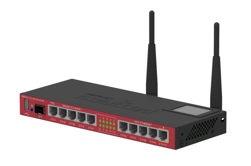 MIKROTIK RB2011UiAS-2HnD-IN - ROUTER BOARD, 10 PUERTOS ETHERNET, 1 PUERTO SFP, WI-FI DE GRAN COBERTURA 2.4 GHZ ANTENAS DE 4 DBI, HASTA 1 WATT DE POTENCIA