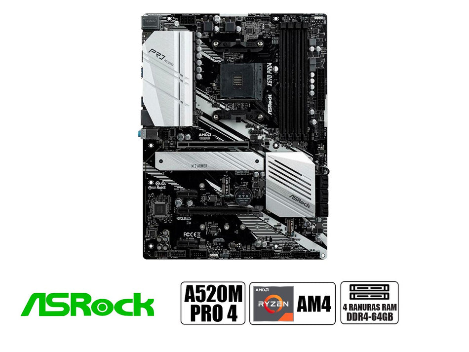 PLACA MADRE ASROCK A520M-PRO 4, PARA PROCESADORES AMD RYZEN AM4, 4 RANURAS DE MEMORIA DDR4 HASTA 64GB BUSS 4733+OC, G4000 3000 5000 (90-MXBDU-A0UAYZ)
