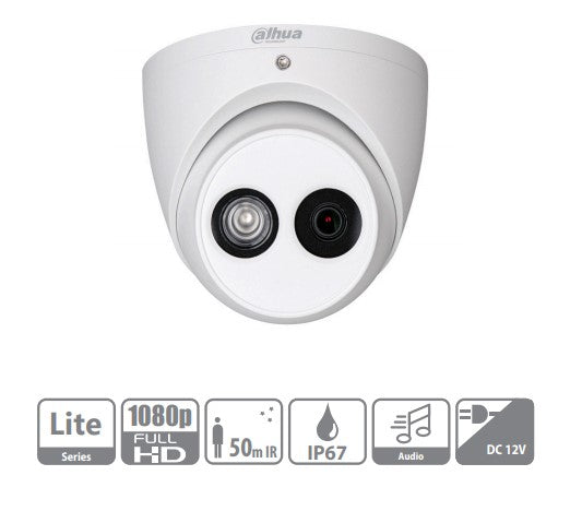 Camara de vigilancia 2MP DAHUA HAC-HDW1200EMN-A-0280B-S5 domo HDCVI FUL HD 3.6mm IR 50mts POC microfono incorporado