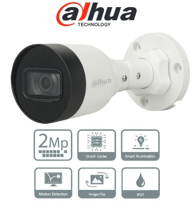 DAHUA IPC-HFW1230S1-S5 - CAMARA TUBO EXTERIOR IP | CMOS 1/2.7'' ICR | 2.0 MP | H.265+ | DWDR | IR 30M | IP67 | PoE