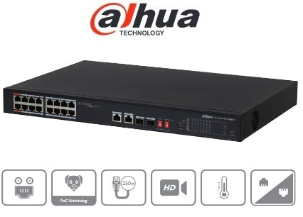 DAHUA PFS3218-16ET-135 - SWITCH POE /16P POE 10/100 MBPS /2 PUERTOS SFP /802.3af/at/135W