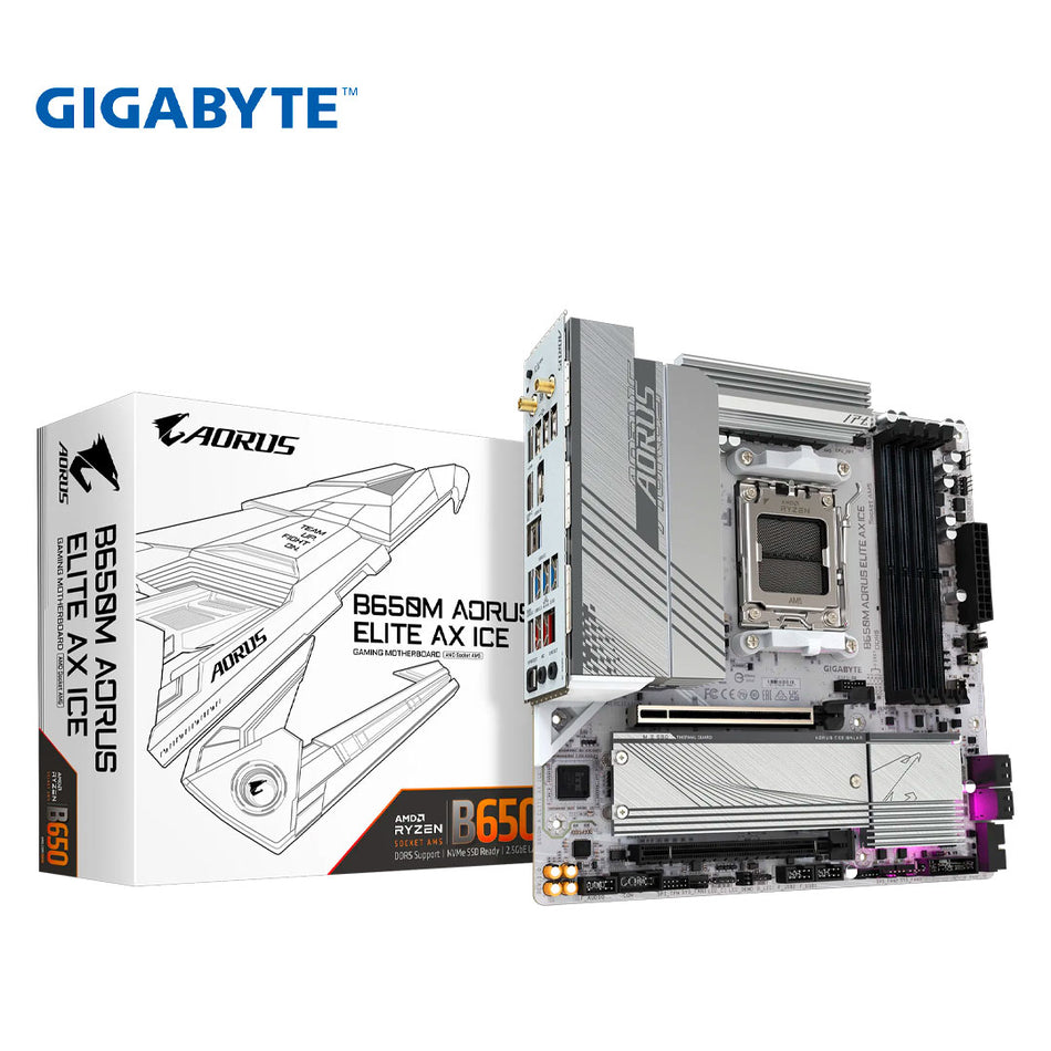 Placa base Gigabyte B650M AORUS ELITE AX ICE, Chipset AMD B650, Zócalo AMD AM5, mATX