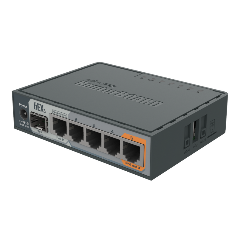 RB760IGS - HEX S WITH DUAL CORE 880MHZ MHZ CPU, 256MB RAM, 5 GIGABIT LAN PORTS, SFP, USB, POE-OUT ON