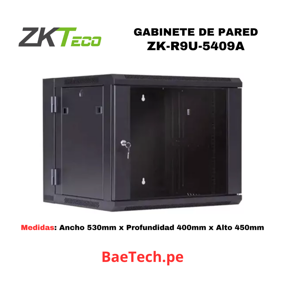 ZKTECO ZK-R9U-5409A, Gabinete de Pared 9RU Puerta de vidrio. Ancho 53cm x Profundidad 40cm x Alto 45cm