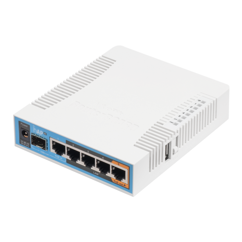 MIKROTIK RB962UiGS-5HacT2HnT - (HAP AC) 5 PUERTOS GIGABIT ETHERNET, 1 PUERTO SFP, 1 USB, WIFI DOBLE BANDA 3X3 802.11AC, HASTA 1W DE POTENCIA