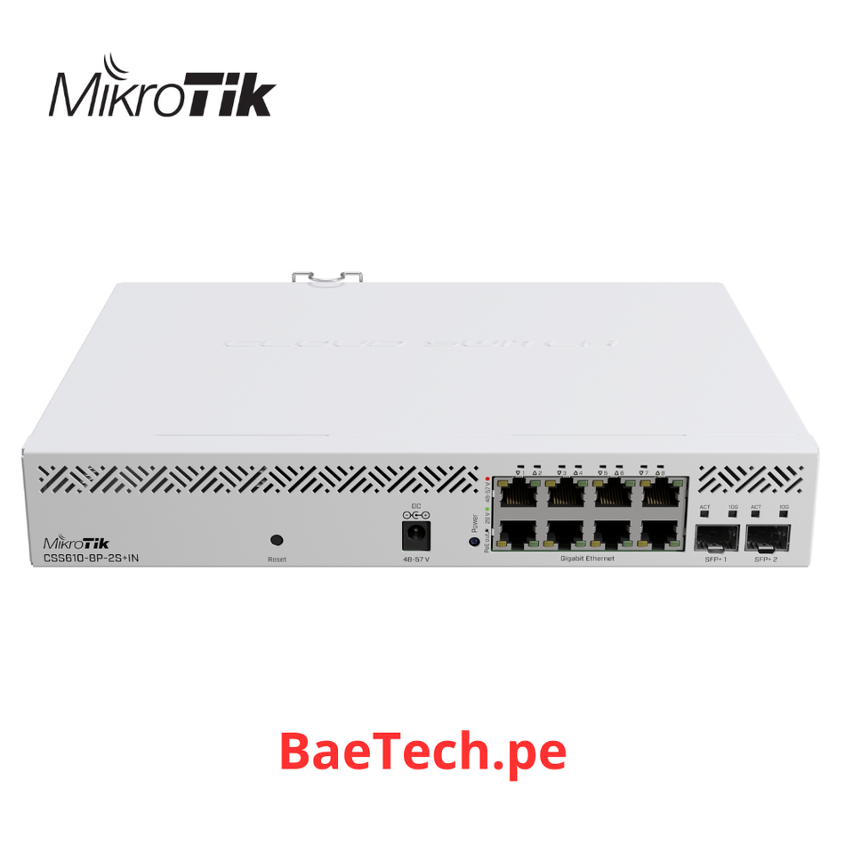 MIKROTIK CSS610-8P-2S+IN - 8 PUERTOS GIGABIT 802.3AF/AT POE-OUT, 2 PUERTOS SFP+, SWOS, CAJA DE ESCRITORIO, PSU