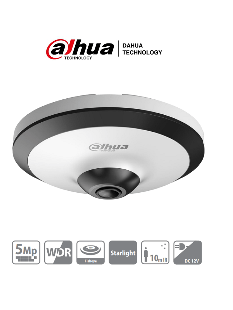Camara de vigilancia ojo de pez 5MP DAHUA HAC-EW2501 HDCVI FULL HD 2K 1.4MM IR 10mts microfono incorporado