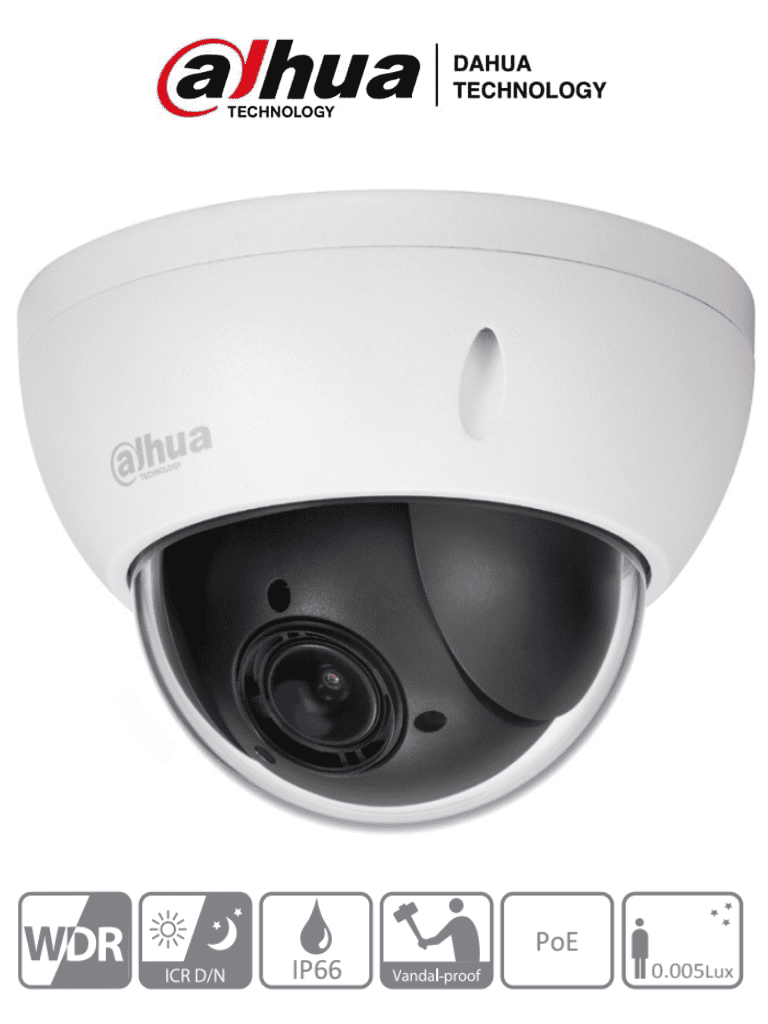 DAHUA SD22204UE-GN - CAMARA IP DOMO MINI PTZ | 2.0 MP | Zoom 4X | IP66 | STARLIGHT | PoE | IK10