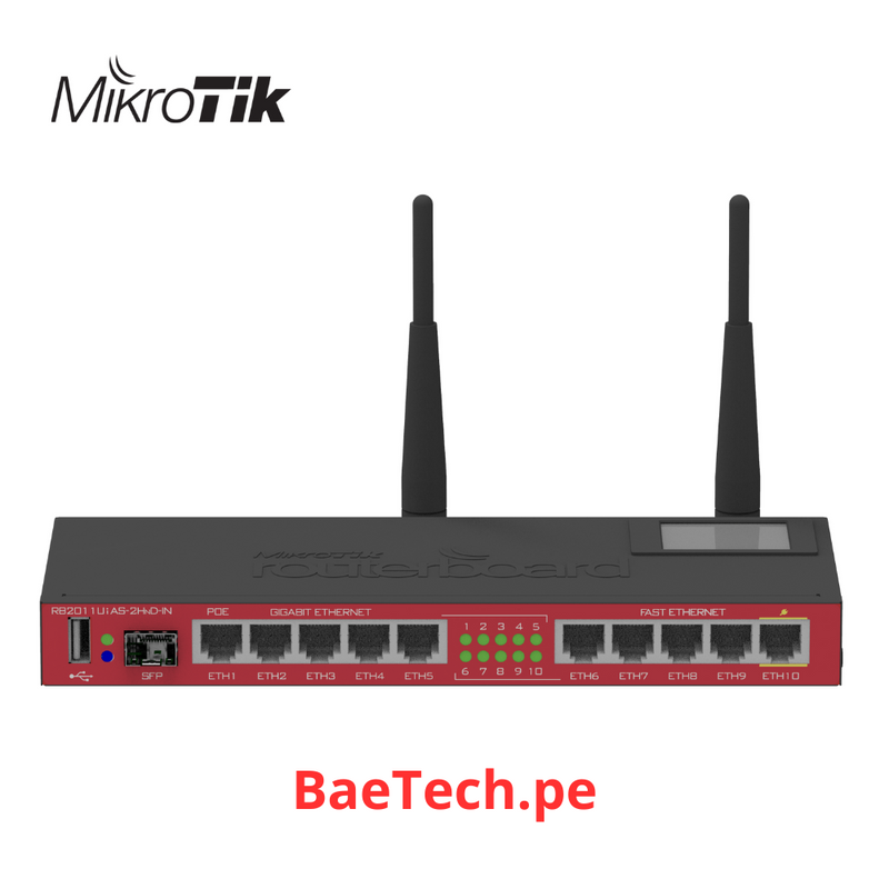 MIKROTIK RB2011UiAS-2HnD-IN - ROUTER BOARD, 10 PUERTOS ETHERNET, 1 PUERTO SFP, WI-FI DE GRAN COBERTURA 2.4 GHZ ANTENAS DE 4 DBI, HASTA 1 WATT DE POTENCIA