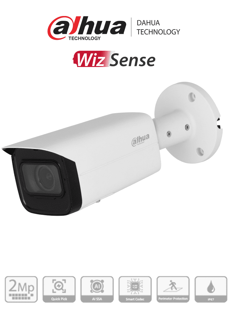 DAHUA IPC-HFW3241T-ZAS-S2 - Camara IP Bullet de 2 Megapixeles/ WizSense/ Lente Motorizado de 2.7 a 13 mm/ IR de 60 Metros/ Micrófono Integrado.