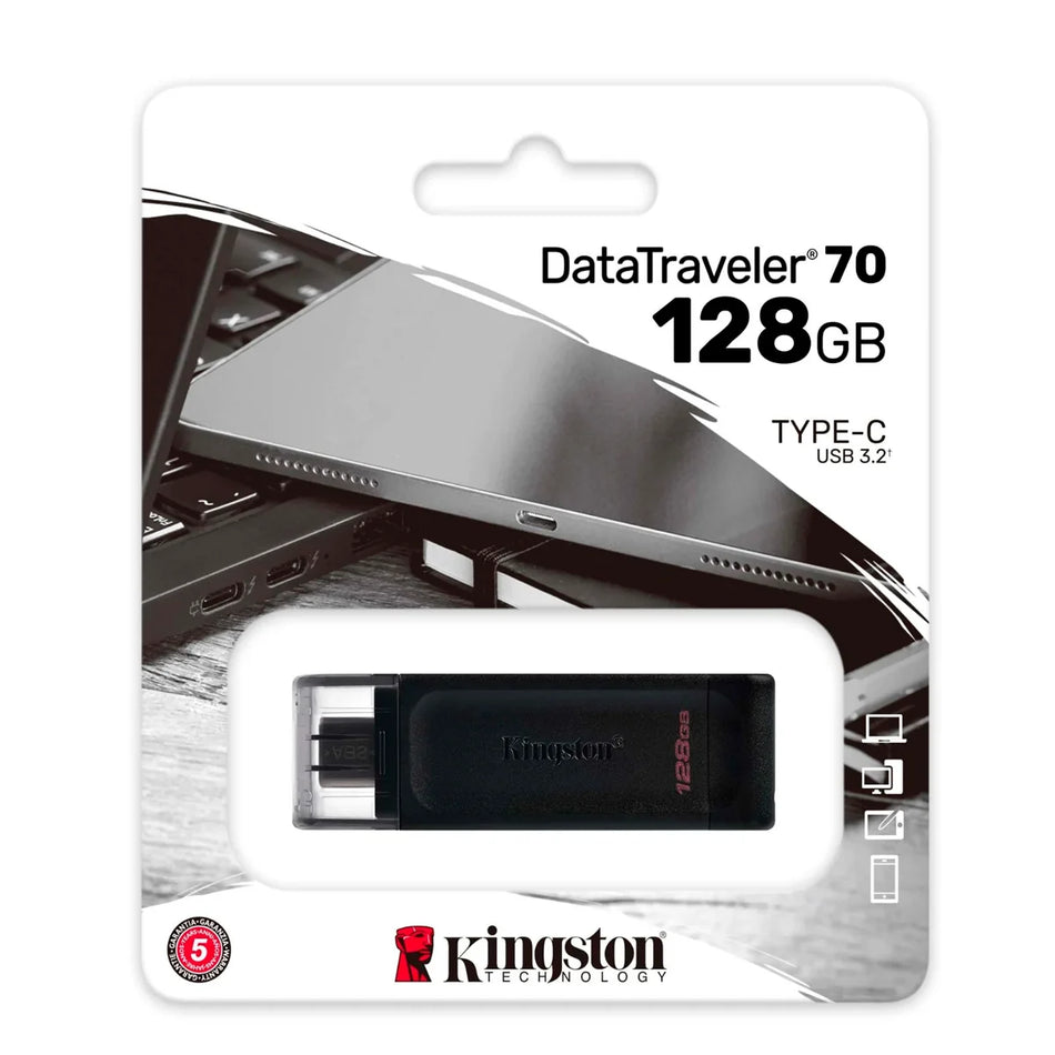 Memoria USB Kingston DT70 128GB DataTraveler 70, USB-C 3.2 Gen1 presentación en colgador
