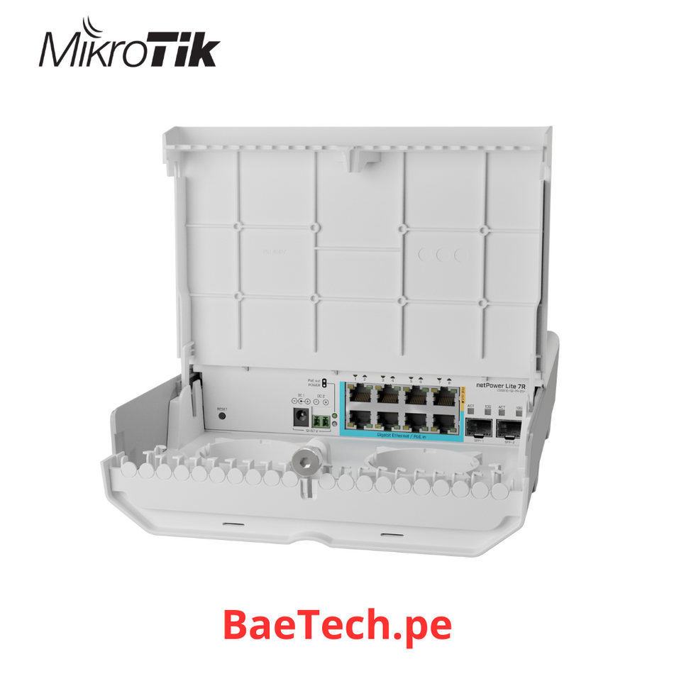 MIKROTIK CSS610-1GI-7R-2S+OUT - NETPOWER LITE 7R SWITCH PARA USO EN EXTERIORES, 8 PUERTOS GIGABIT, 2 PUERTOS SFP+,7 PUERTOS POE INVERSOS, SISTEMA OPERATIVO SWITCHOS,ENERGIA A TRAVÉS DE POE PASIVO, CC 2 PINES
