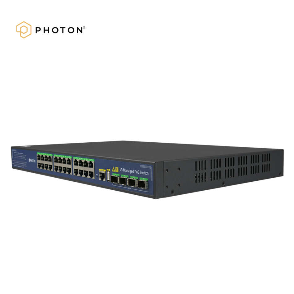 PHOTON PTD1628-24P-4X-NM SWITCH ADMINISTRABLE, DE 28 PUERTOS 10G, 24 PUERTOS GIGABIT L3 ETHERNET POE, 24 PUERTOS 10/100/1000MBPS POE, 4 PUERTOS 10G SFP, 1 PUERTO RJ45 CONSOLA, 1 PUERTO USB