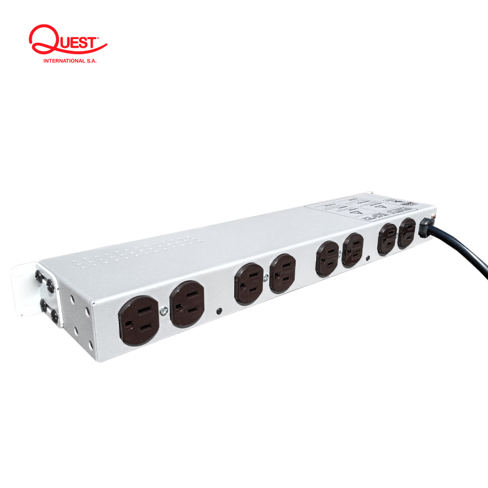 QUEST MH-4713-G MULTITOMA ELECTRICA HORIZONTAL, 10 TOMAS NEMA5-15R, 125V/250V-15A CARCAZA COLOR GRIS