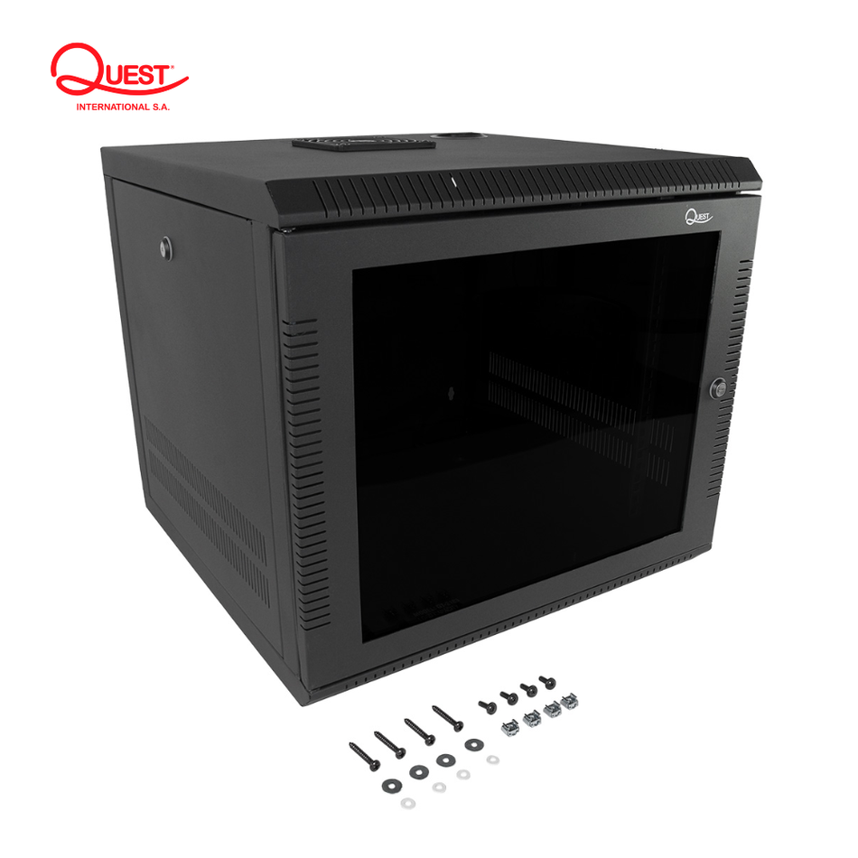 QUEST GT-2183 GABINETE DE PARED 9-RU 462 X 525 X 510MM (PUERTA C/VIDRIO DE SEGURIDAD Y PANELES LATERALES DESMONTABLES)