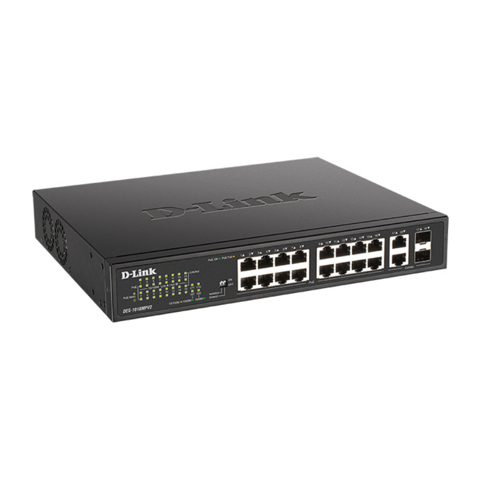 D-LINK DES-1018MPV2 - SWITCH NO ADMINISTRABLE 16 PUERTOS Ethernet PoE de 10/100 Mbps 2 PUERTOS Gigabit Combo RJ45/SFP