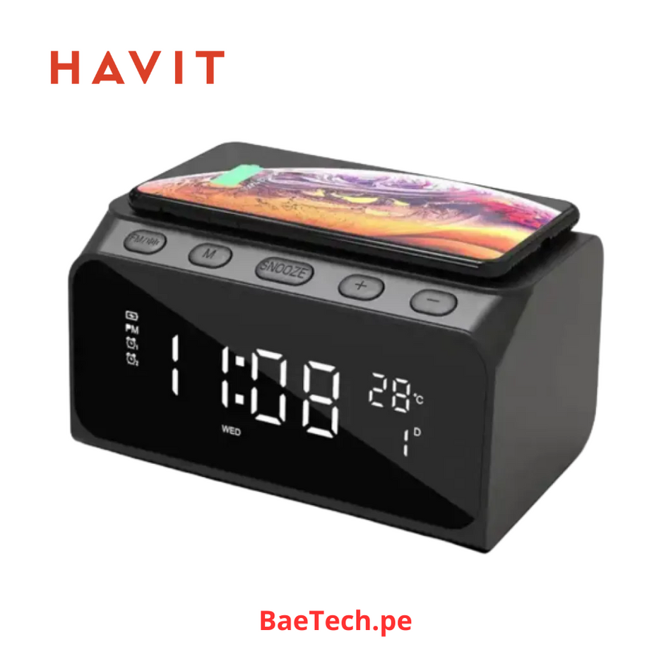 HAVIT W3041-BLACK - PARLANTE BLUETOOH - CARGADOR INALAMBRICO - ALARMA - CALENDARIO - TEMPERATURA