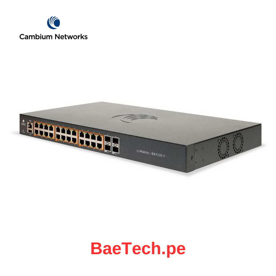 CAMBIUM MX-EX1028PXA-0 SWITCH ETHERNET POE+ INTELIGENTE, 24 PUERTOS DE FIBRA SFP DE 1 GBPS Y 4 DE 1 GBPS - SIN CABLE DE ALIMENTACIÓN.