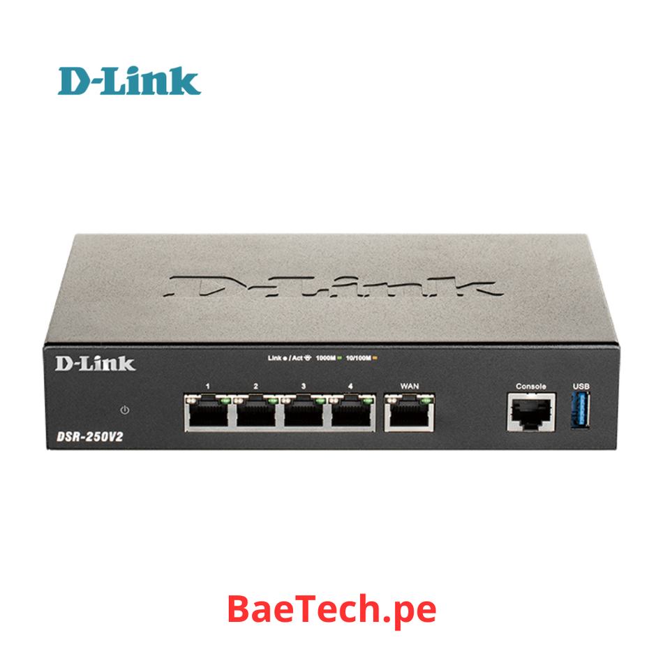 D-LINK SWITCH DSR-250V2 - 1 WAN Ports, 4 x 10/100/1000M VPN, hasta 200 Mbps; Firewall, hasta 950 Mbps