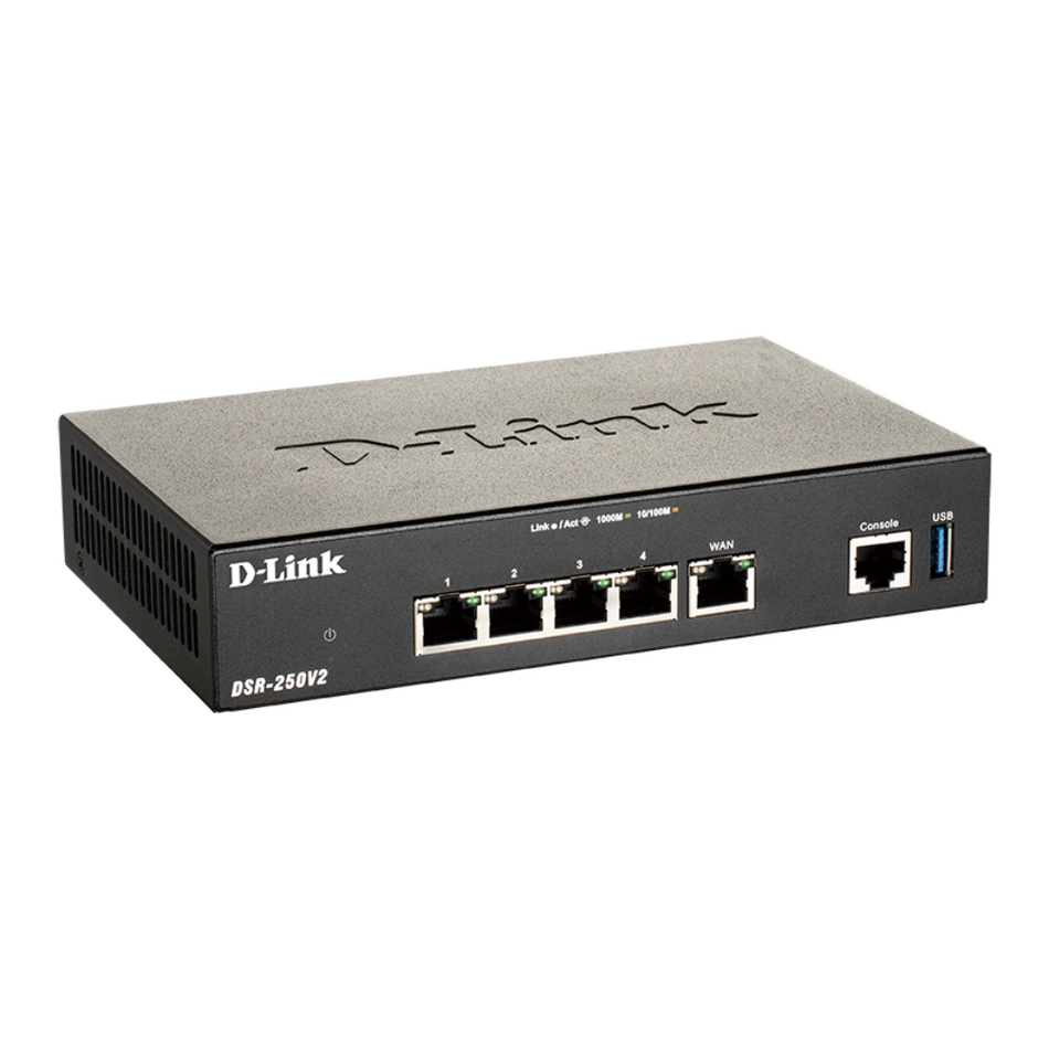 D-LINK SWITCH DSR-250V2 - 1 WAN Ports, 4 x 10/100/1000M VPN, hasta 200 Mbps; Firewall, hasta 950 Mbps