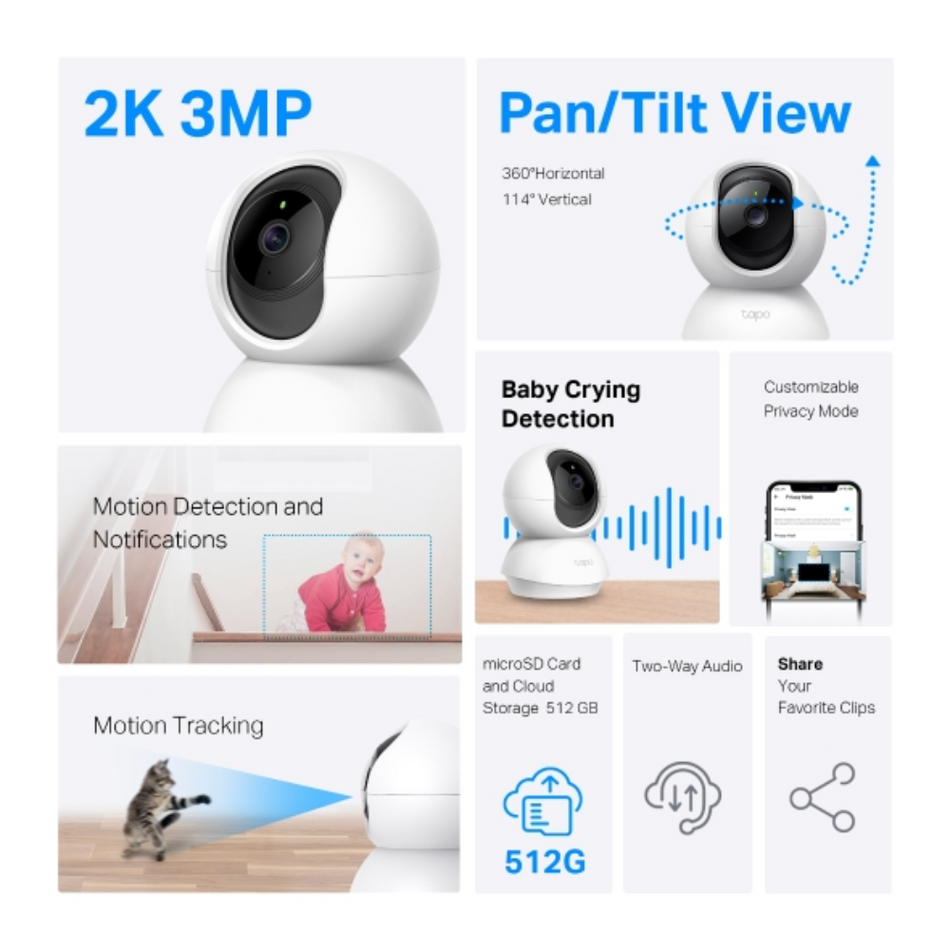 TP-LINK TAPO C210 CÁMARA DE SEGURIDAD INTELIGENTE WIFI 2K 3MP 360° LUZ, SONIDO, MICRÓFONO Y PARLANTE ALEXA