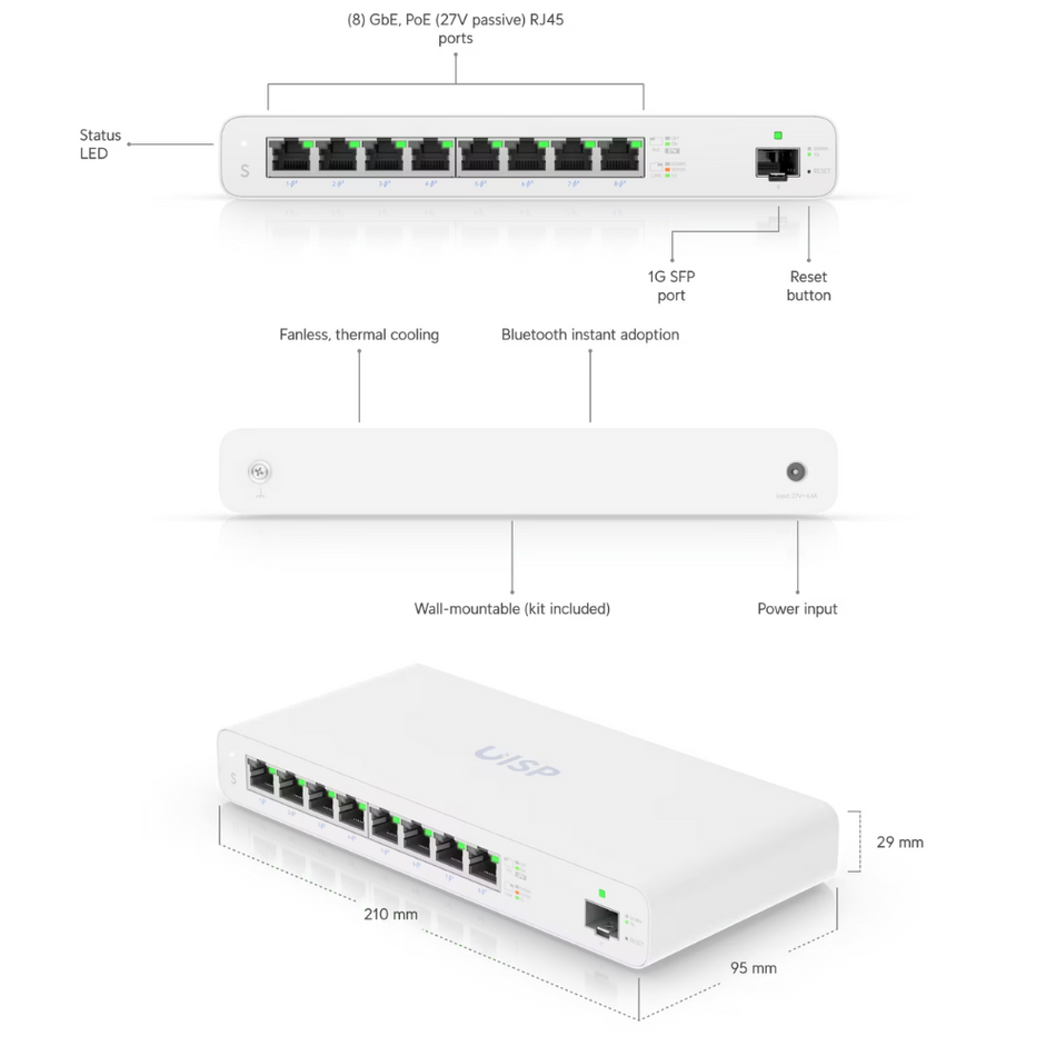 UBIQUITI UISP-S SWITCH POE GIGABIT 8 PUERTOS ADMINISTRABLE DISEÑADO PARA APLICACIONES MICROPOP
