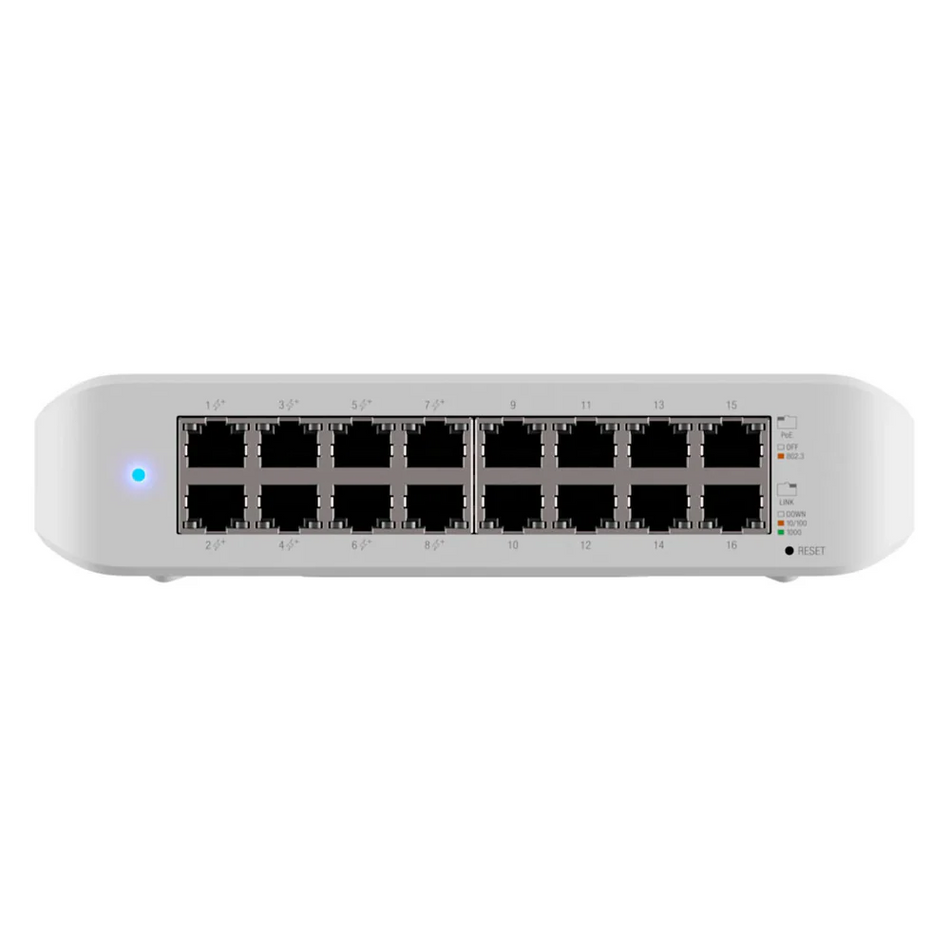 UBIQUITI USW-LITE-16-POE (45W) SWITCH UNIFI LITE ADMINISTRABLE POE DE 16 PUERTOS 10/100/1000 MBPS (8 PUERTOS 802.3AF/AT), 45 W