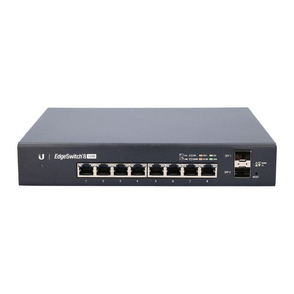 UBIQUITI ES-8-150W SWITCH EDGEMAX ADMINISTRABLE DE 8 PUERTOS GIGABIT CON POE+/POE PASIVO 24V + 2 PUERTOS SFP, 150W