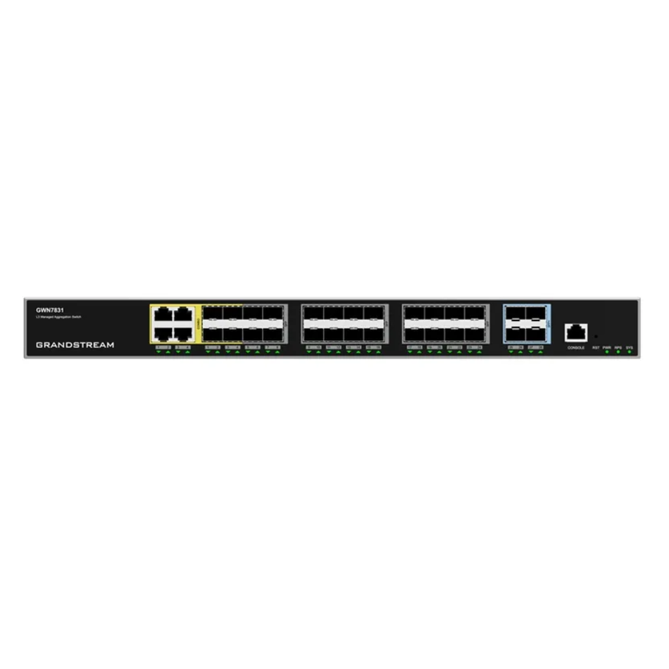 GRANDSTREAM GWN7831 - SWITCH DE AGREGACIÓN ADMINISTRABLE CAPA 3, 4 PUERTOS COMBO, 24 PUERTOS GIGA SFP Y 4 PUERTOS 10 GIGA SFP+, 1 PUERTO DE CONSOLA