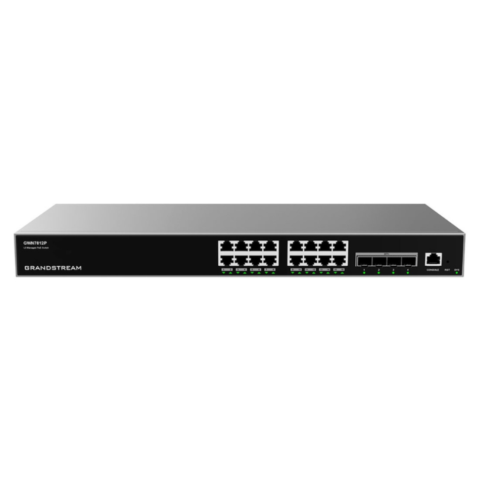 GRANDSTREAM GWN7812P - SWITCH GESTIONABLE CAPA 3 RACKEABLE. 16 PUERTOS GBE RJ45 POE CON POE BUDGET 240W. 4 PUERTOS SFP+