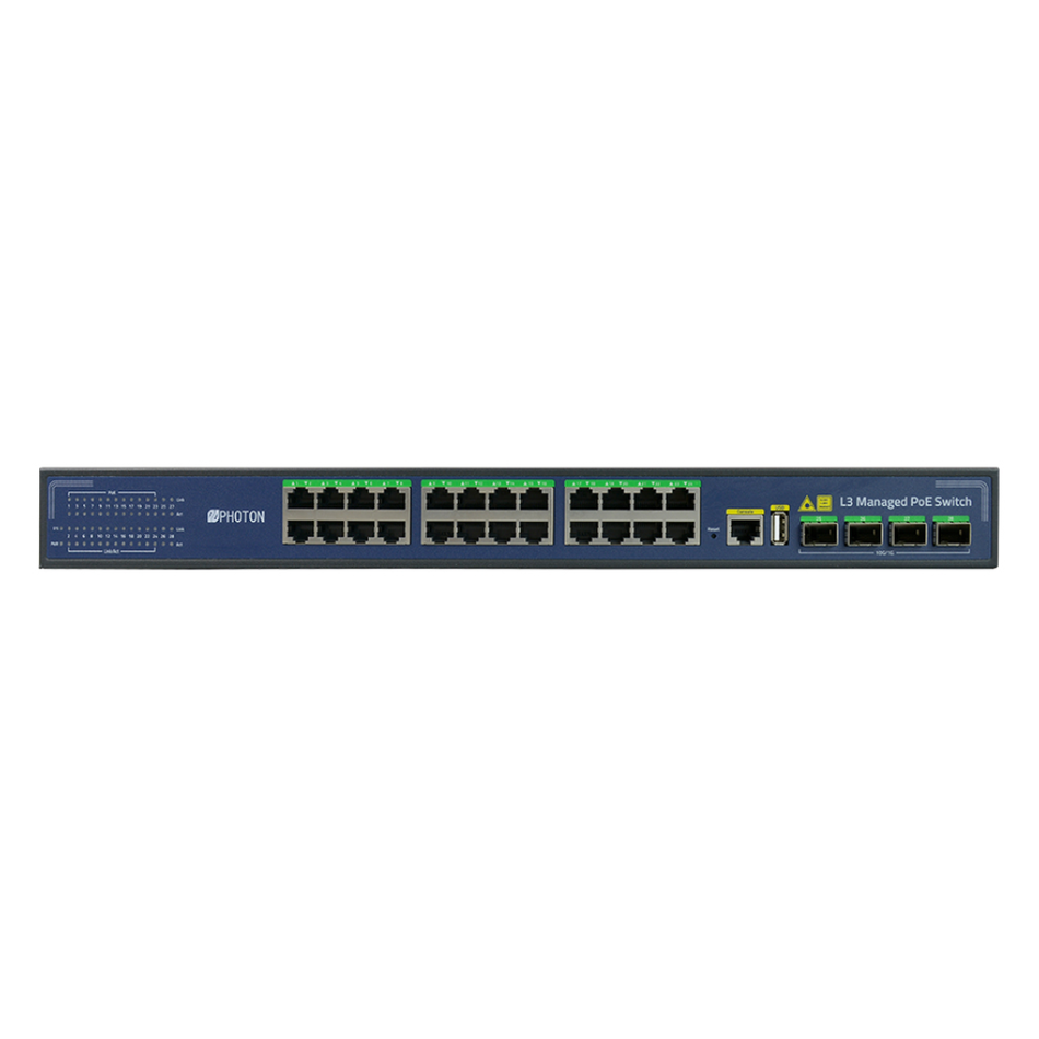 PHOTON PTD1628-24P-4X-NM SWITCH ADMINISTRABLE, DE 28 PUERTOS 10G, 24 PUERTOS GIGABIT L3 ETHERNET POE, 24 PUERTOS 10/100/1000MBPS POE, 4 PUERTOS 10G SFP, 1 PUERTO RJ45 CONSOLA, 1 PUERTO USB
