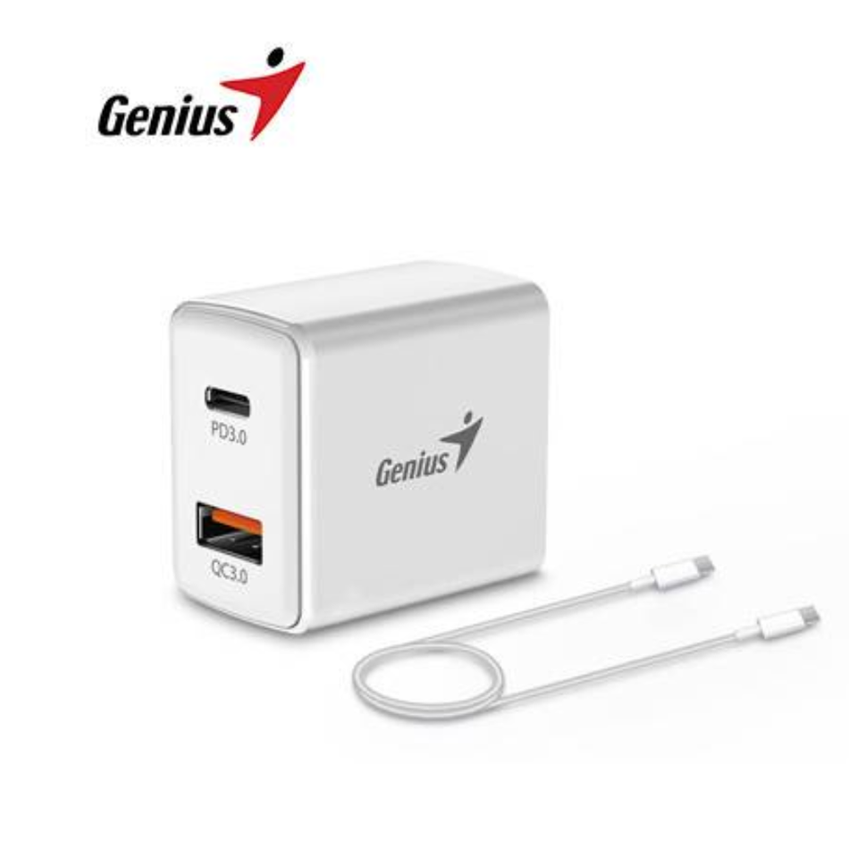 GENIUS PD-20ACP CARGADOR DE PARED  20W CON CARGA RÁPIDA  USB-C  USB-A MAS CABLE USC-C A USB-C BLANCO 32590009400