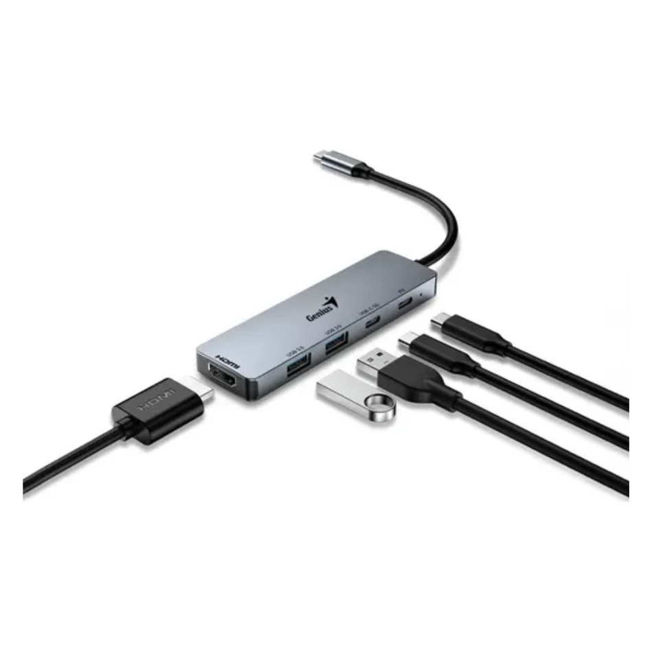 GENIUS 31240003400 HUB USB-C UH-500 CON 5 PUERTOS 2P USB-A 3.0 1P USB-C 1P HDMI 4K 100W COLOR PLATA