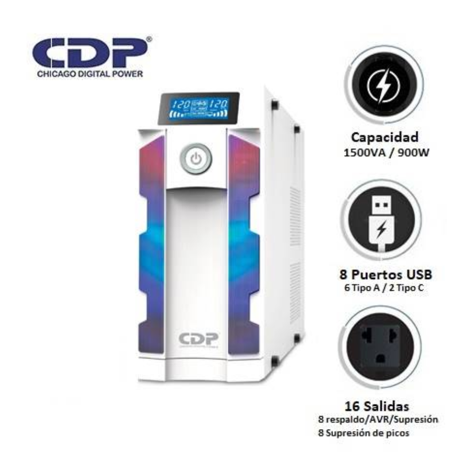 CDP GAMING G-SMART1516I UPS CON PANTALLA 1500VA 900W 16 SALIDAS 8 PUERTOS USB-A  2 PUERTOS USB-C BLANCO