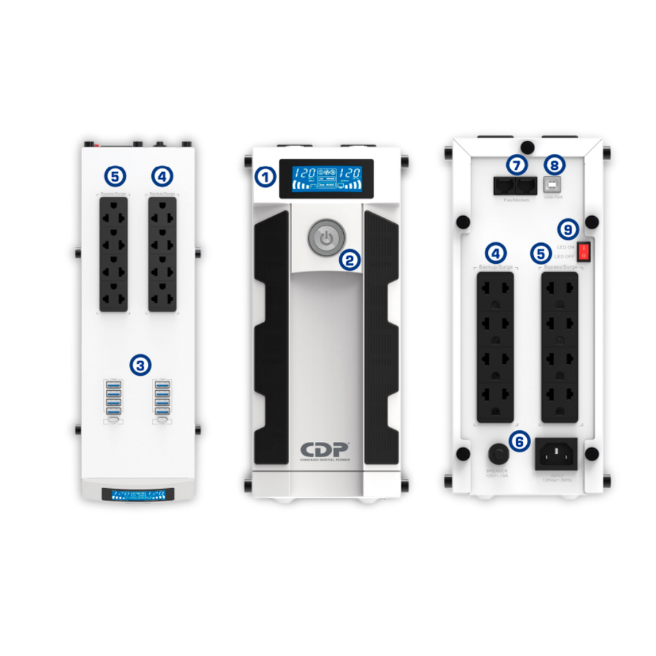 CDP GAMING G-SMART1516I UPS CON PANTALLA 1500VA 900W 16 SALIDAS 8 PUERTOS USB-A  2 PUERTOS USB-C BLANCO