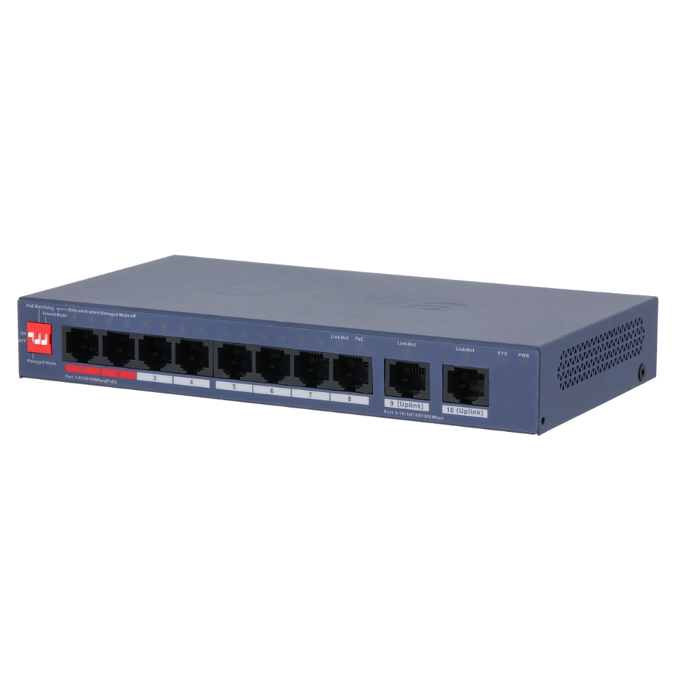DAHUA CS4010-8ET2GT-110 SWITCH PoE  8 PUERTOS PoE  802.3af/at, Hi-PoE  10/100Mbps 110W  POE 2.0