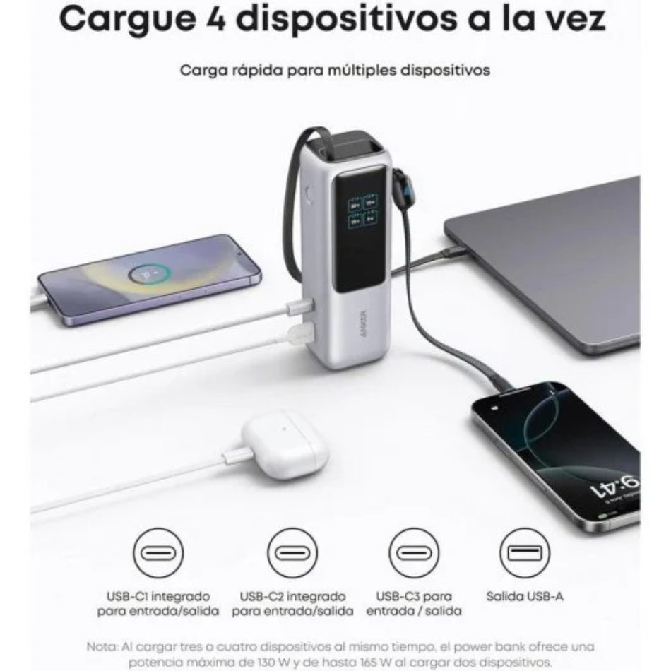 POWER BANK ANKER A1695H41 25000MAH 165W CON CABLE RETRÁCTIL Y PANTALLA INTELIGENTE