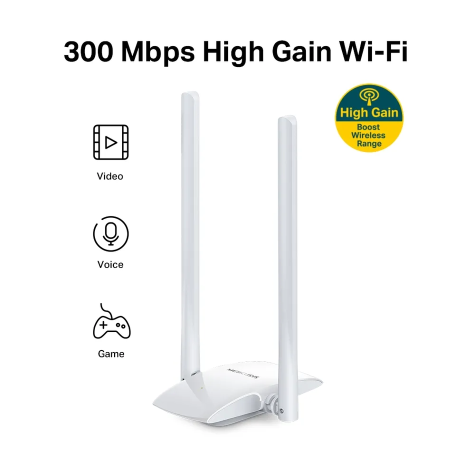 MERCUSYS  MW300UH  ADAPTADOR USB INALÁMBRICO N A 300Mbps, ANTENA ALTA GANANCIA
