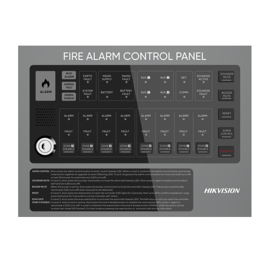HIKVISION HF-C108 PANEL DE ALARMA CONTRA INCENDIOS CONVENCIONAL DE 8 ZONAS CON BATERÍA 24 V / 22 AH