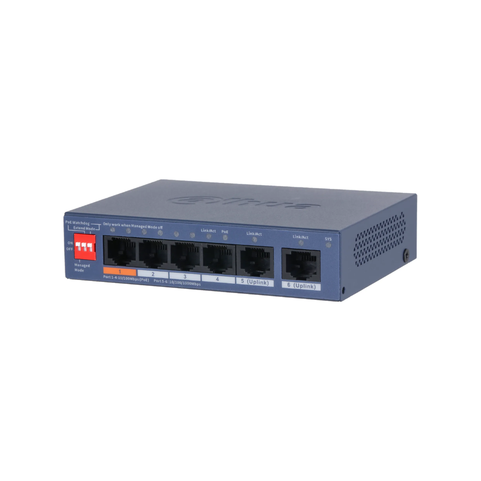 DAHUA DH-CS4006-4ET2GT-60 SWITCH POE CLOUD L2 6 PUERTOS (4 POE + 2 UPLINK GIGABIT)60W WATCHDOG Y EXTENDIDO 250 M