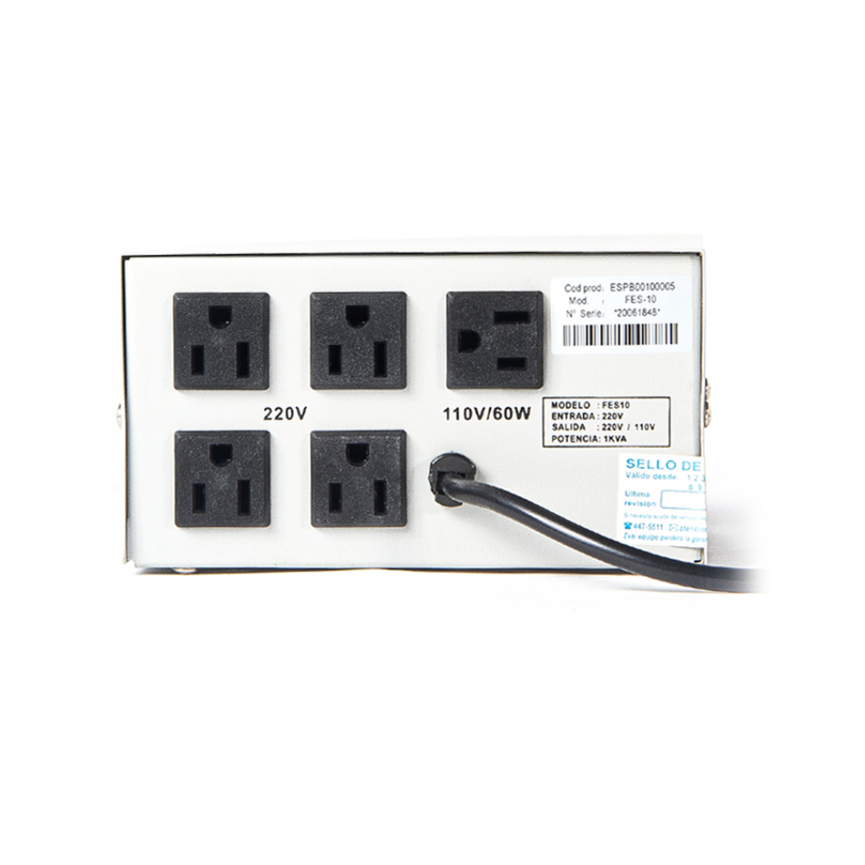 ESTABILIZADOR ELISE - FASE FES-10, SÓLIDO, 1.0KVA, 220V, 4 TOMAS A 220V, 1 TOMA A 110V.