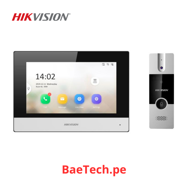 Kit videoportero hibrido conexion analogico y por red IP HIKVISION DS-KIS302-P pantalla lcd tactil 7" con camara full hd 2mp