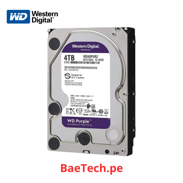 Disco duro Purpura 4TB WESTERN DIGITAL WD40PURZ almacenador de datos 3.5" 5400RPM 64MB. Para equipos de video vigilancia (industrial 24/7)
