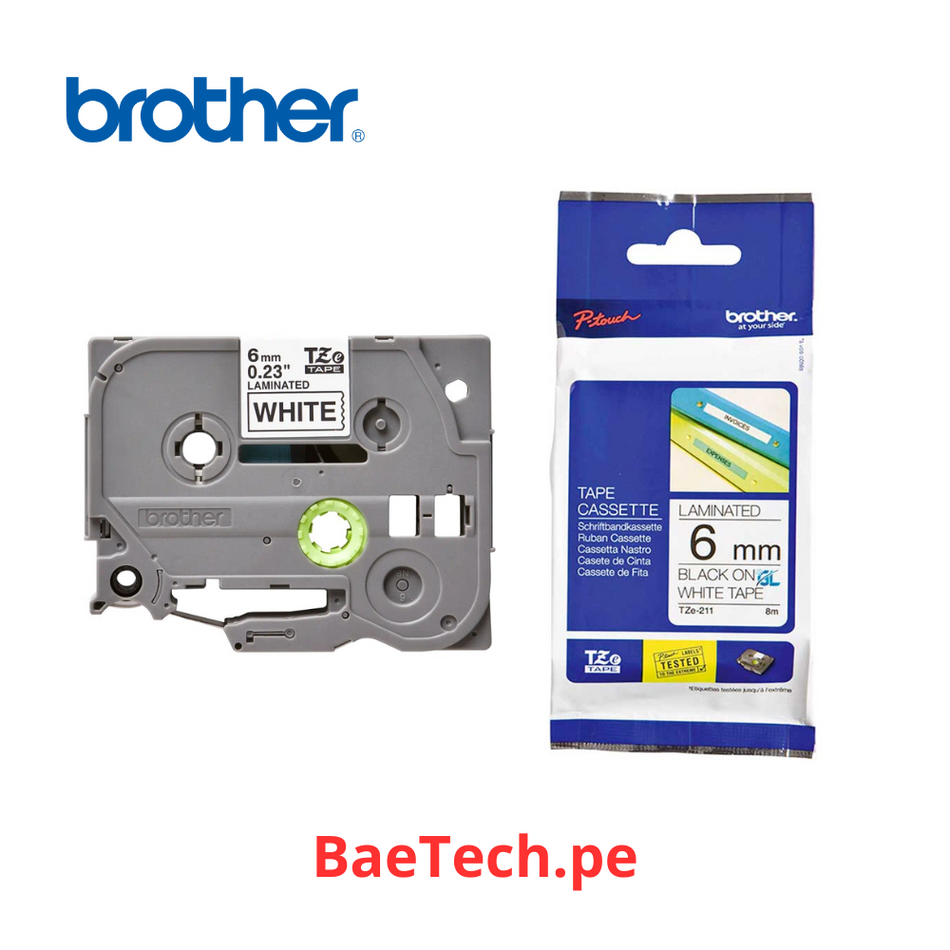 Cinta Brother TZE-211 Negro Sobre Blanco 6mm