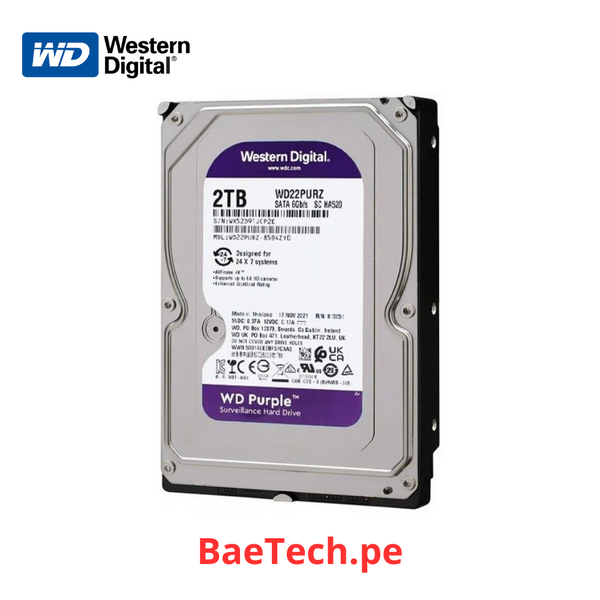 Disco duro Purpura 2TB WESTERN DIGITAL WD22PURZ almacenador de datos 3.5" 5400RPM - 256MB Para equipos de video vigilancia (industrial 24/7)