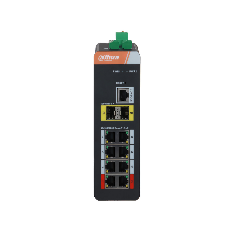 DAHUA Switch Industrial 8 Puertos POE Giga, 120w, RS232, RS485, 2SFP. Montaje en Riel DIN - PFS4210-8GT-DP